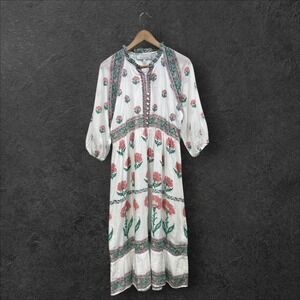 Bella Tu White Floral Block Print Cotton Midi Dress XS Pink Green Boho Coastal